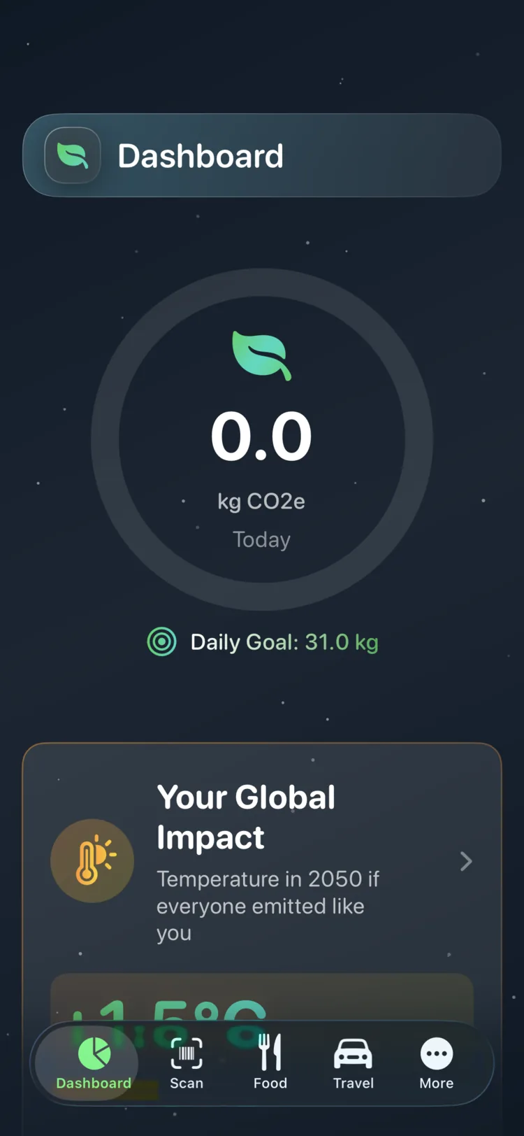 Decarbonr dashboard showing today's CO₂e on a circular progress gauge with a daily goal