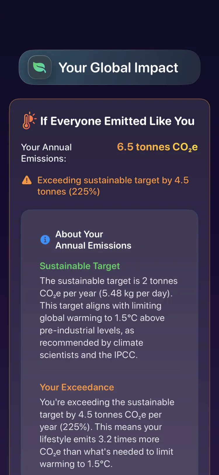 Decarbonr global impact screen: your annual emissions versus the sustainable target