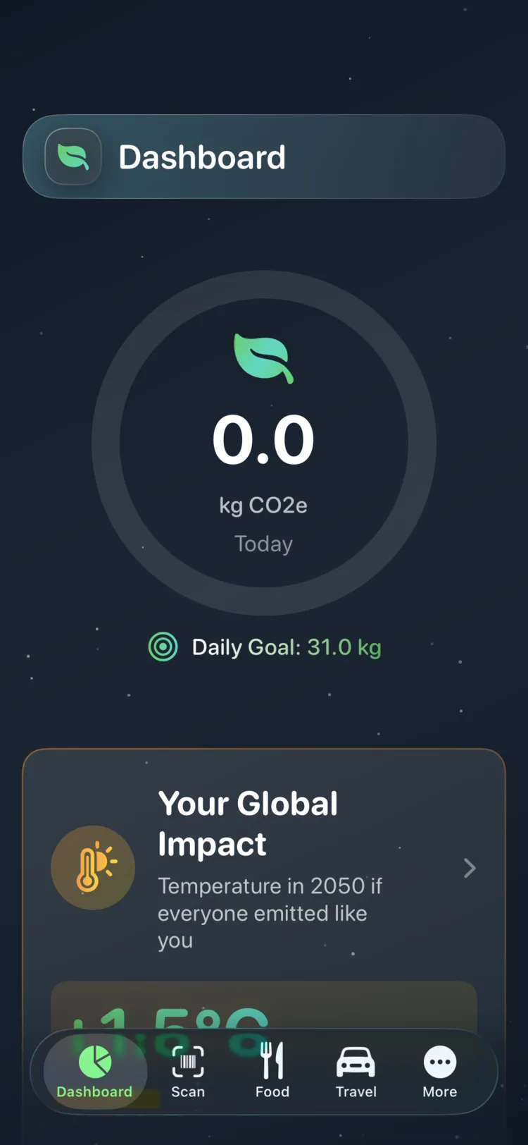 Табло на Decarbonr, показващо днешния CO₂e върху кръгов индикатор с дневна цел