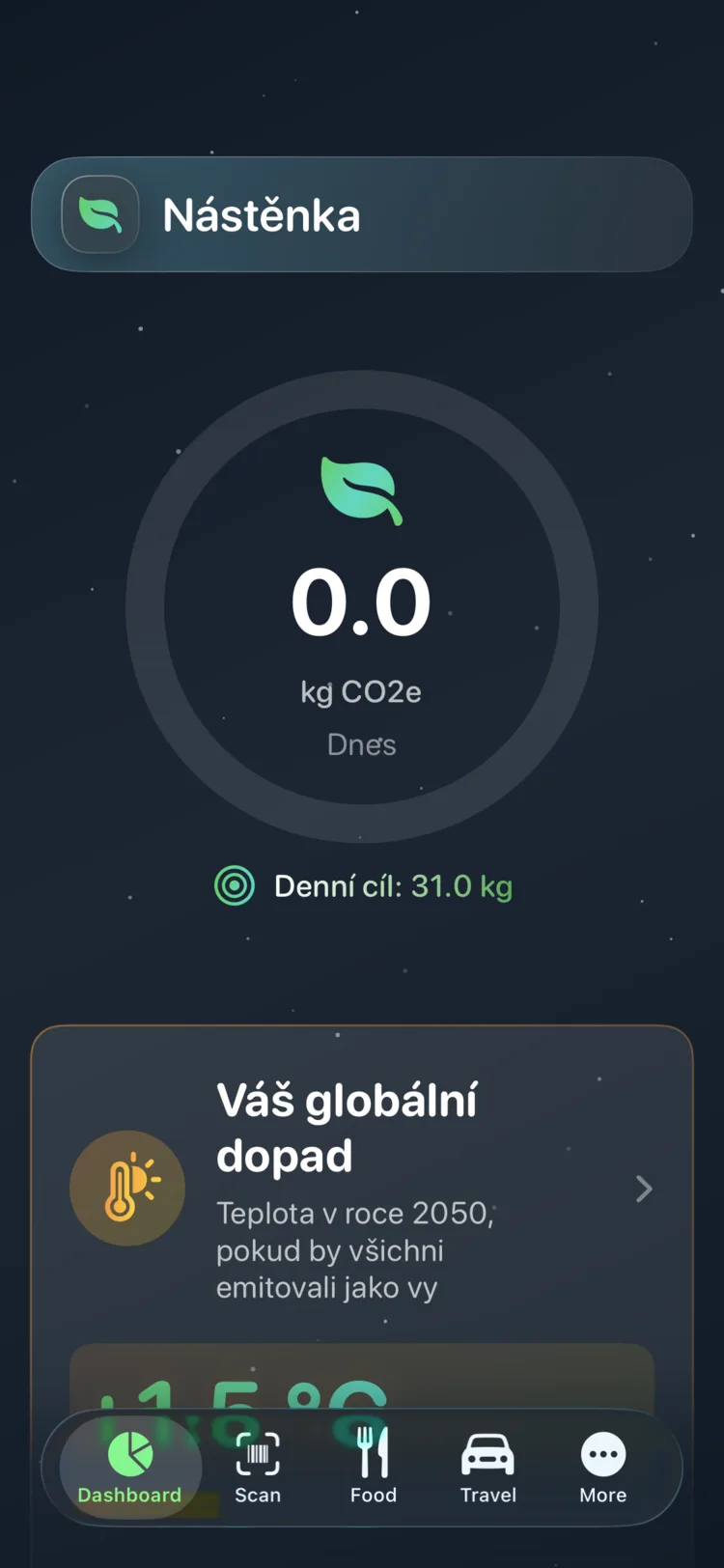 Přehled Decarbonr zobrazující dnešní CO₂e na kruhovém ukazateli s denním cílem