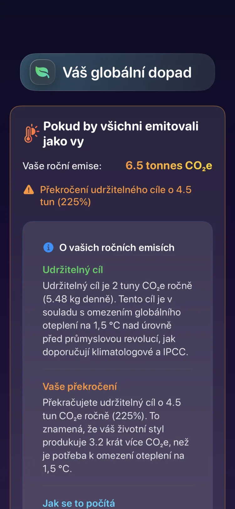 Obrazovka globálního dopadu Decarbonr: vaše roční emise oproti udržitelnému cíli