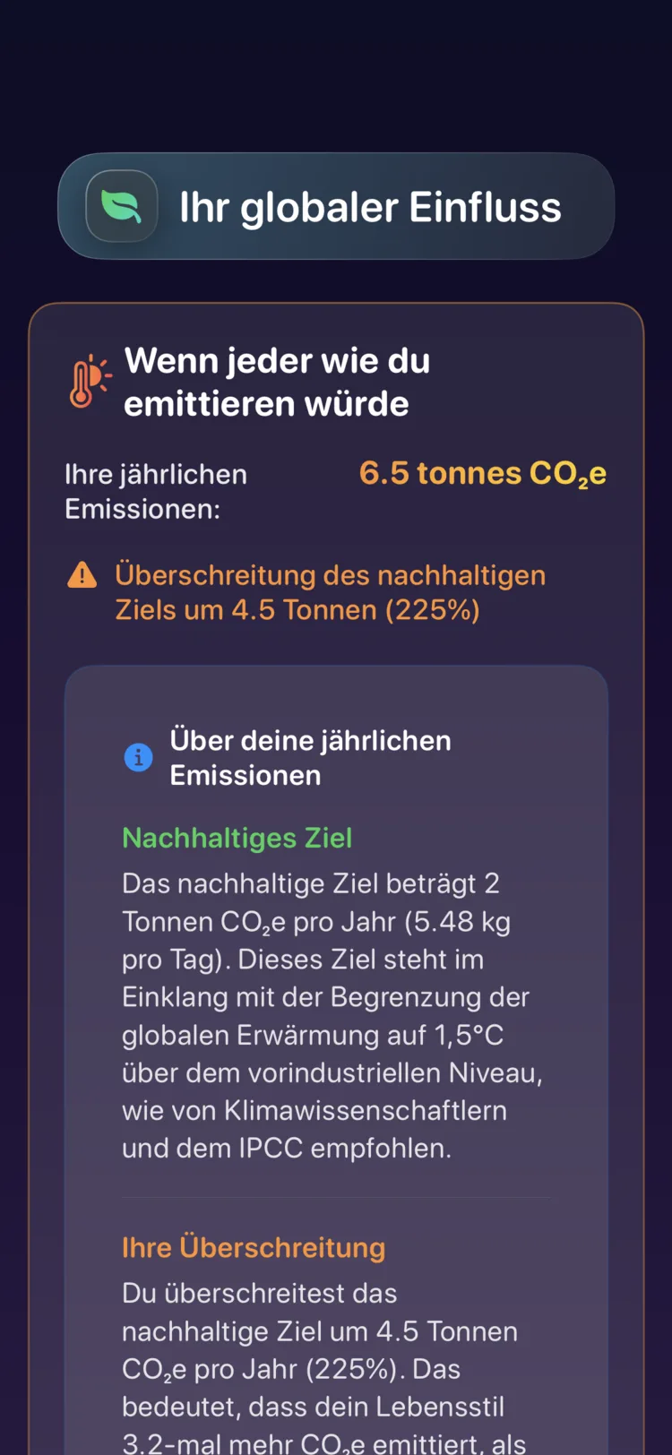 Decarbonr-Bildschirm zur globalen Wirkung: deine jährlichen Emissionen im Vergleich zum nachhaltigen Ziel