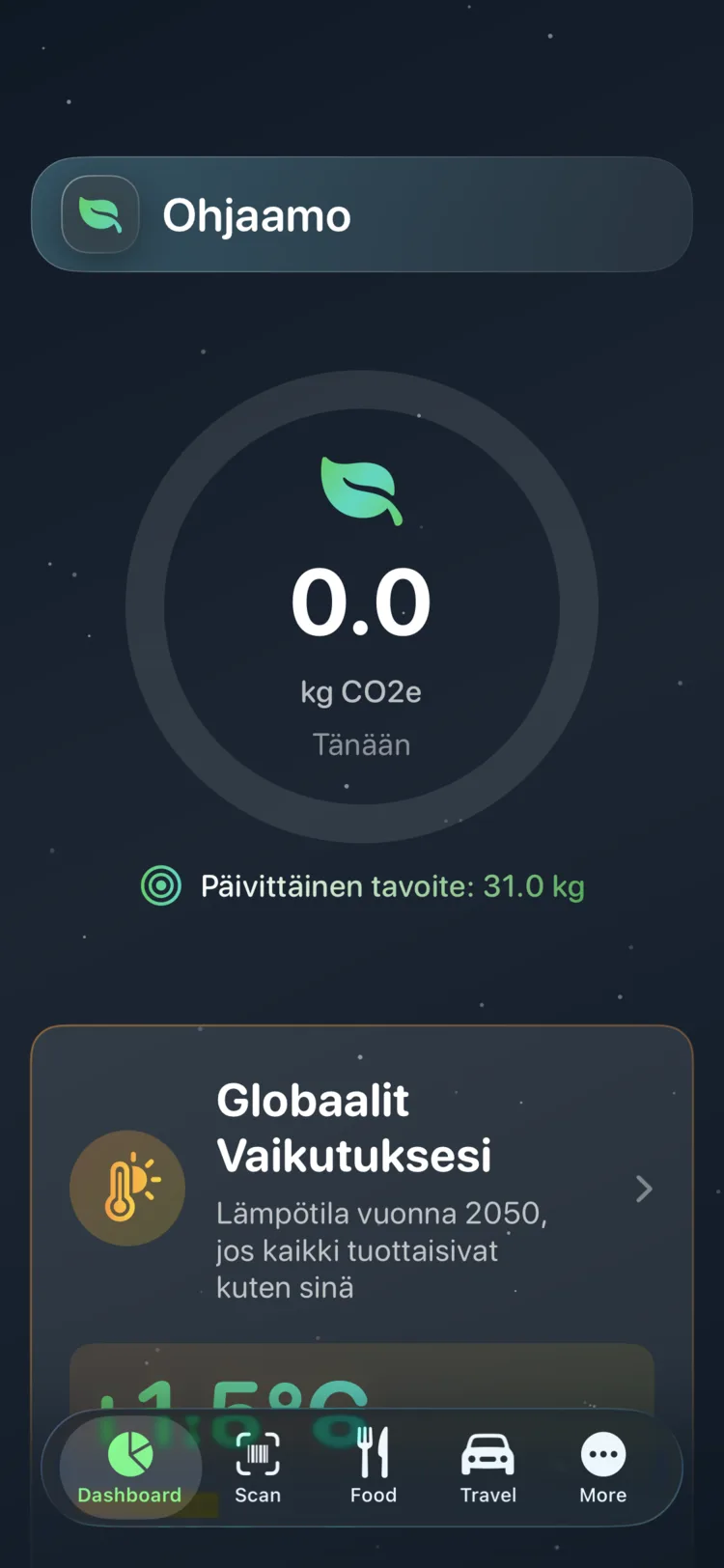 Decarbonr-kojelauta, jossa päivän CO₂e ympyrämittarissa päivittäisen tavoitteen kanssa