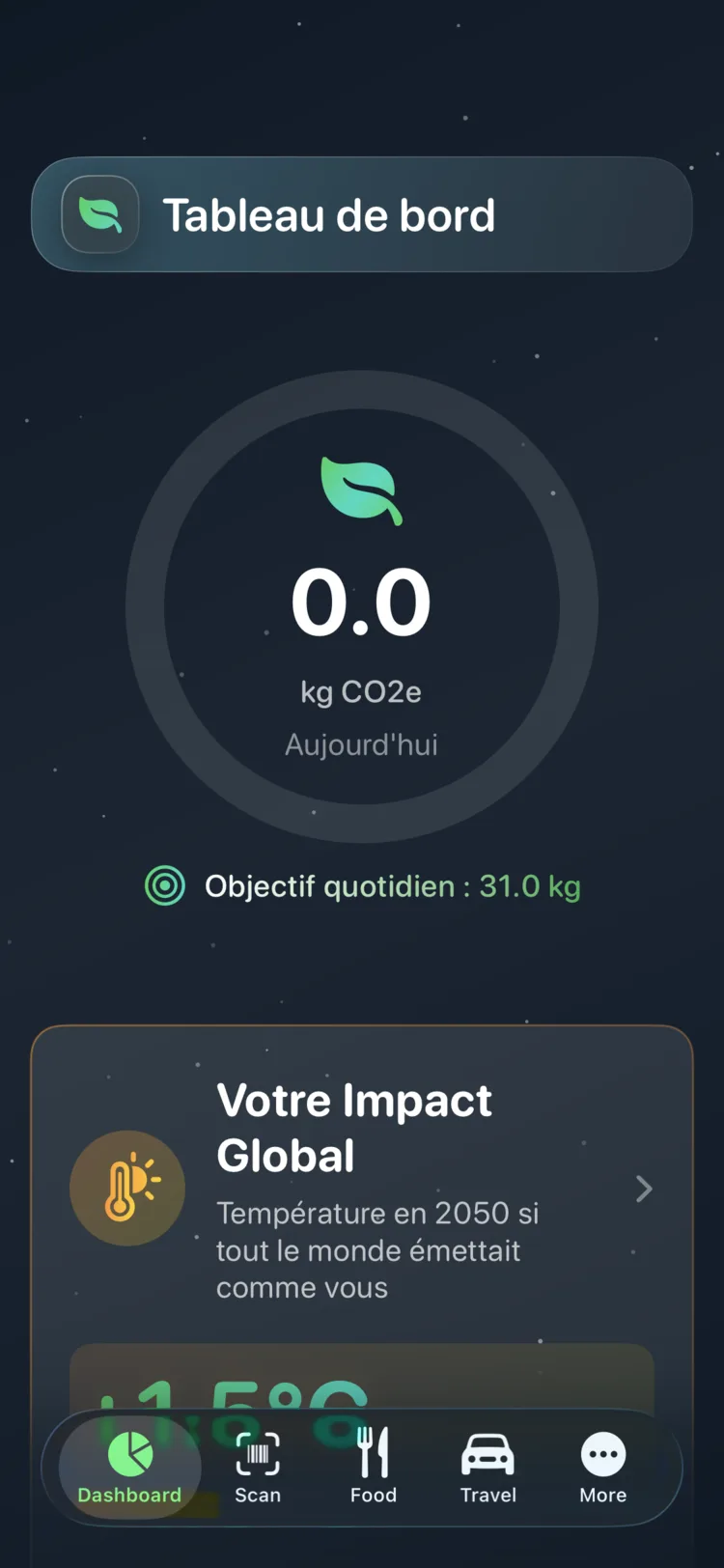 Tableau de bord Decarbonr affichant le CO₂e du jour sur une jauge circulaire avec un objectif quotidien