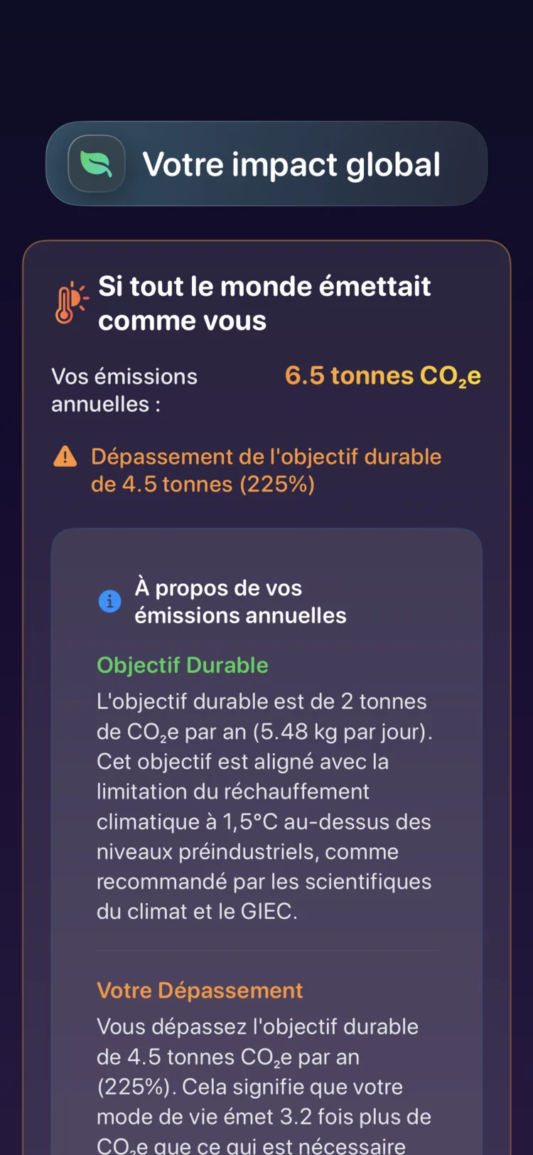 Écran d'impact mondial Decarbonr : vos émissions annuelles face à l'objectif durable
