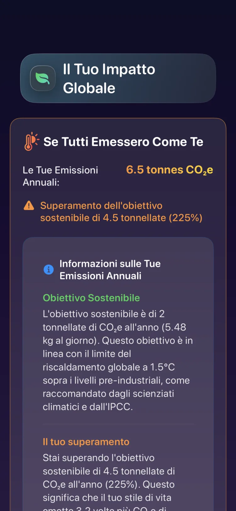 Schermata dell'impatto globale di Decarbonr: le tue emissioni annuali rispetto all'obiettivo sostenibile