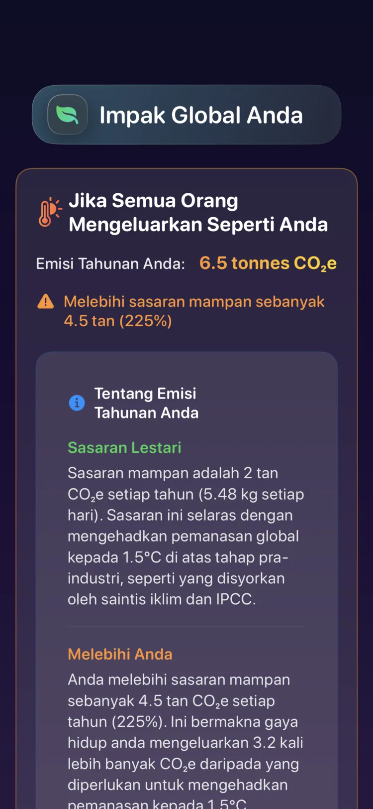 Skrin impak global Decarbonr: pelepasan tahunan anda berbanding sasaran lestari