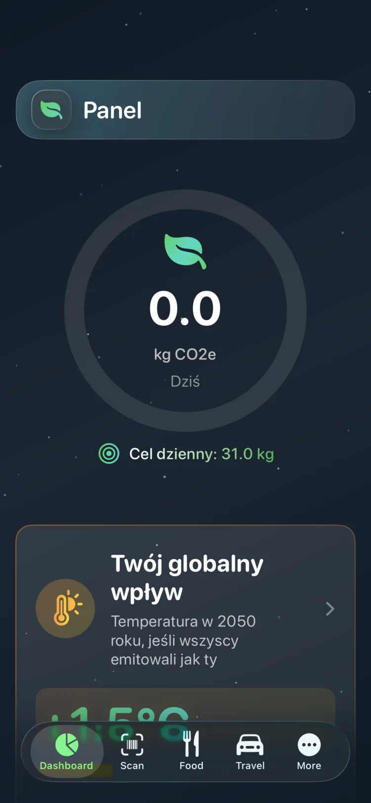 Pulpit Decarbonr pokazujący dzisiejsze CO₂e na okrągłym wskaźniku postępu z dziennym celem