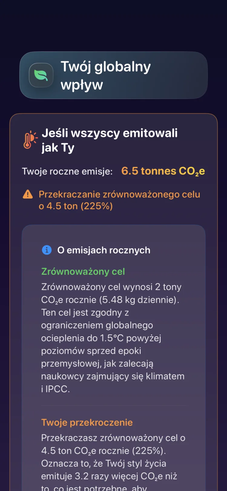 Ekran globalnego wpływu Decarbonr: Twoje roczne emisje na tle zrównoważonego celu