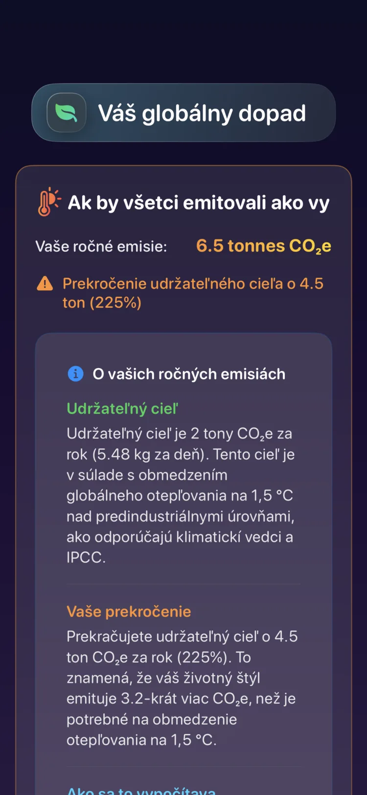 Obrazovka globálneho dopadu Decarbonr: vaše ročné emisie oproti udržateľnému cieľu