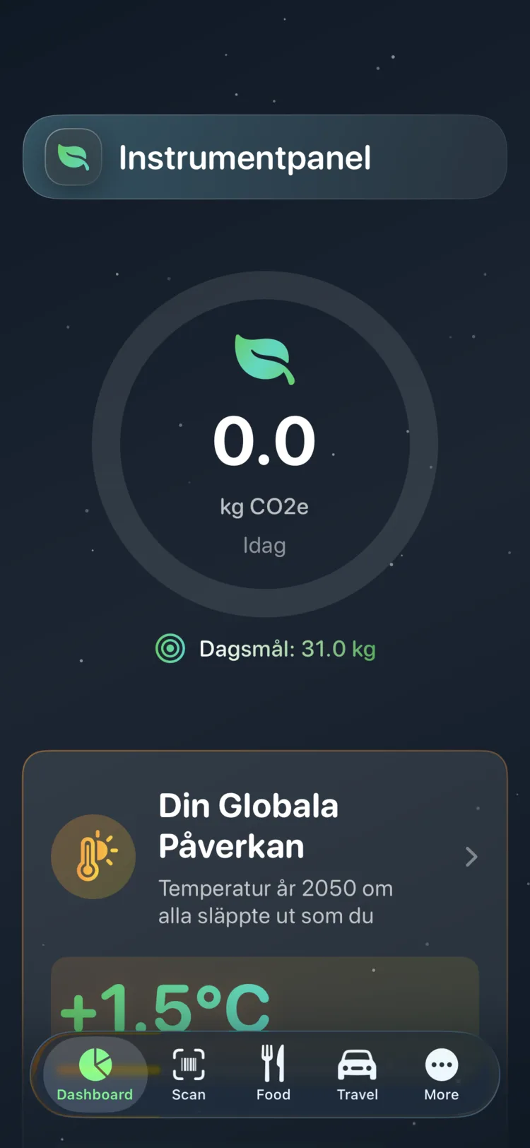 Decarbonr-instrumentpanel som visar dagens CO₂e på en cirkulär mätare med ett dagligt mål