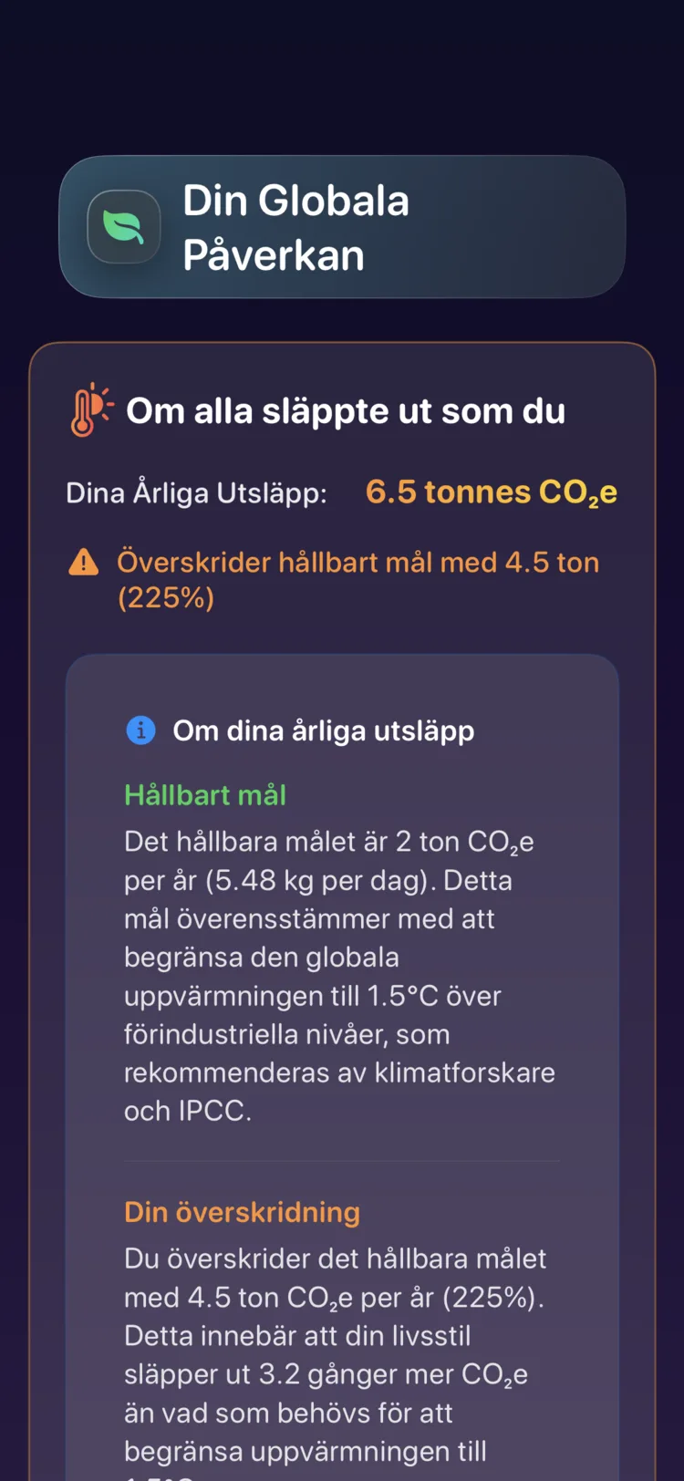 Decarbonrs globala påverkansvy: dina årliga utsläpp jämfört med det hållbara målet