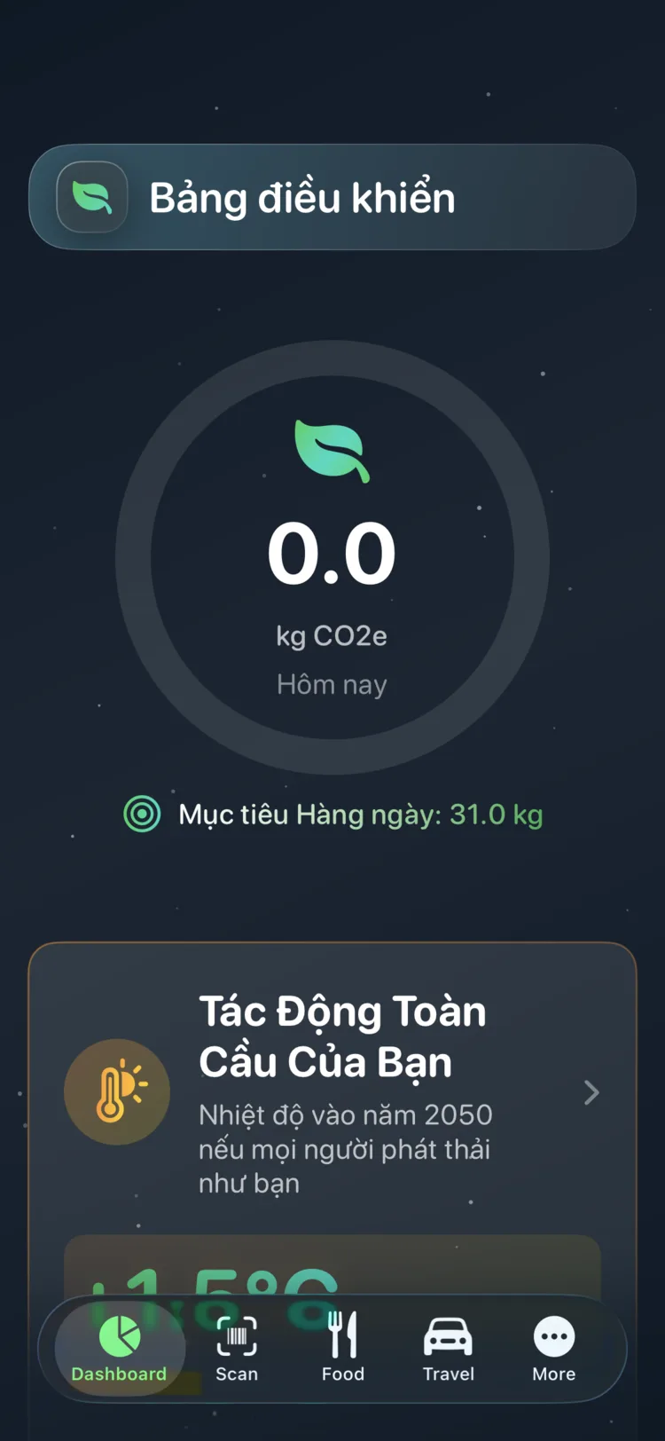 Bảng điều khiển Decarbonr hiển thị lượng CO₂e hôm nay trên vòng tiến trình tròn cùng mục tiêu hằng ngày